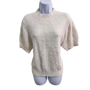 CeCe‎ Eyelash White Cozy Short Sleeve Crewneck Sweater Winter Ski lodge L
